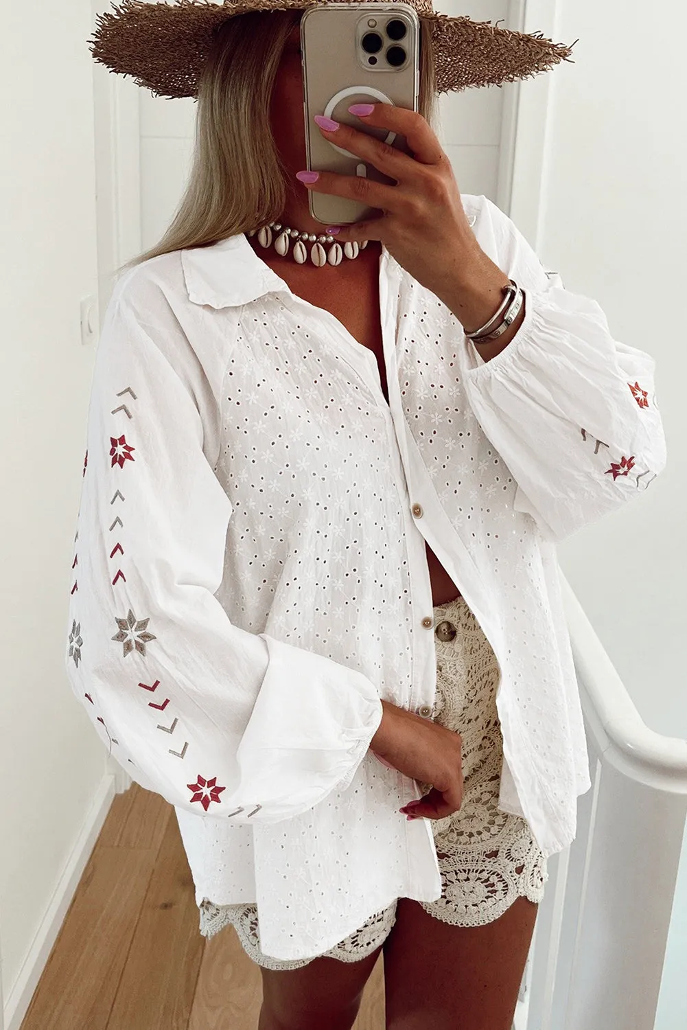 Floral Embroidered Puff Sleeve Eyelet Patchwork Shirt