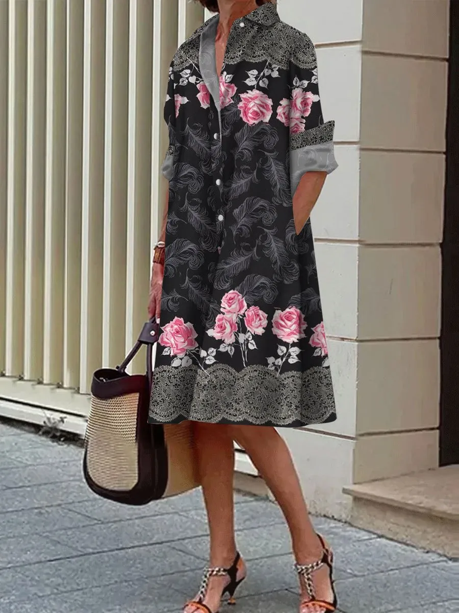 Floral Lace Print Casual Loose Long Sleeve Shirt Dress