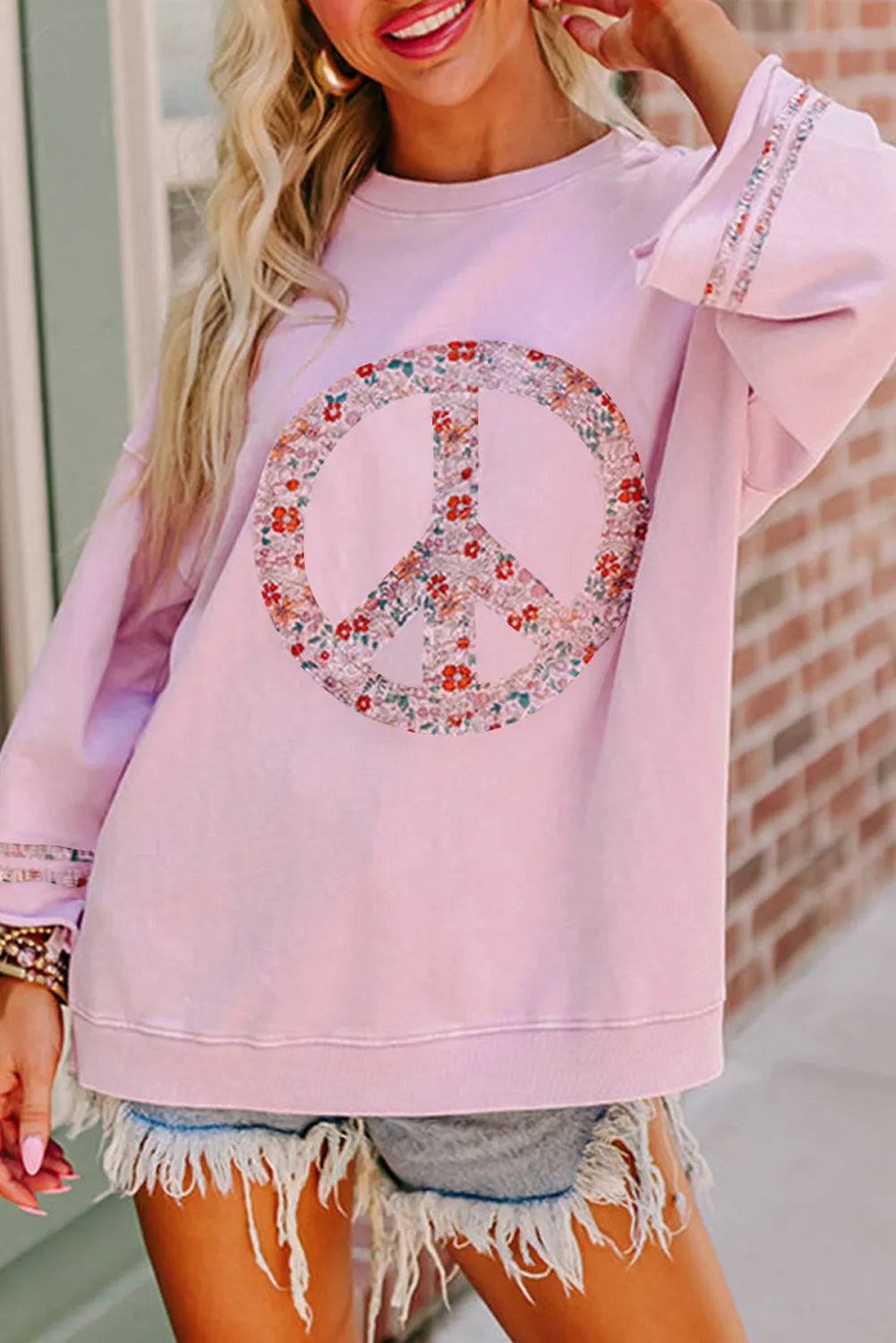 Floral Peace Sign Graphic Drop Shoulder Wide Sleeve Casual Top