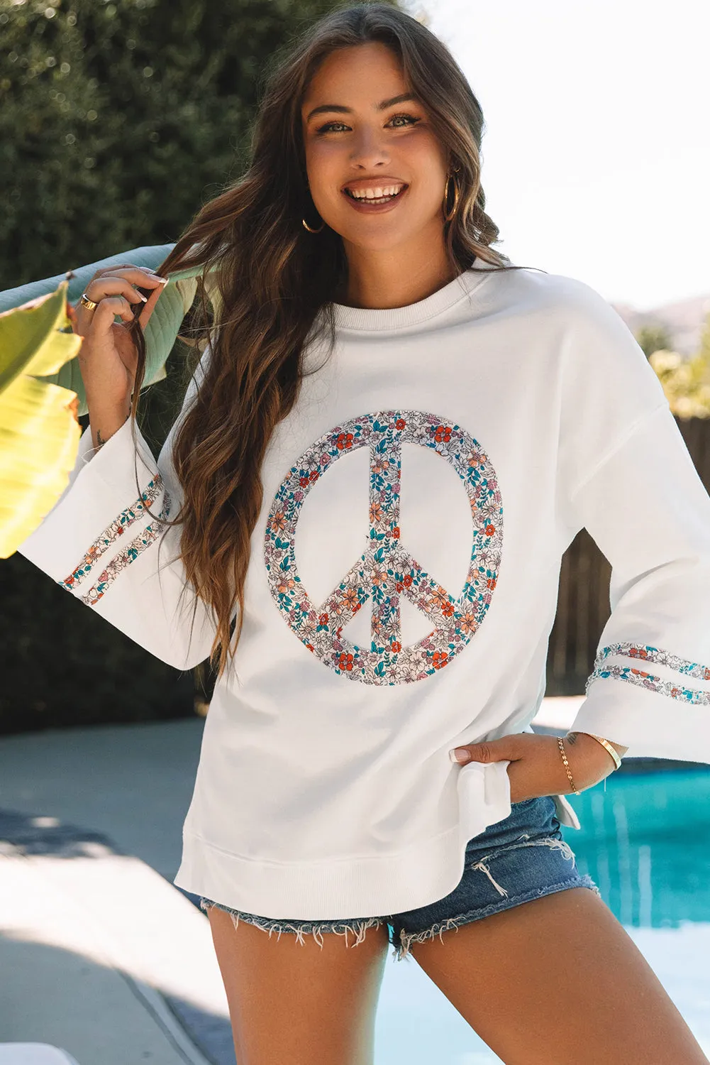 Floral Peace Sign Graphic Drop Shoulder Wide Sleeve Casual Top