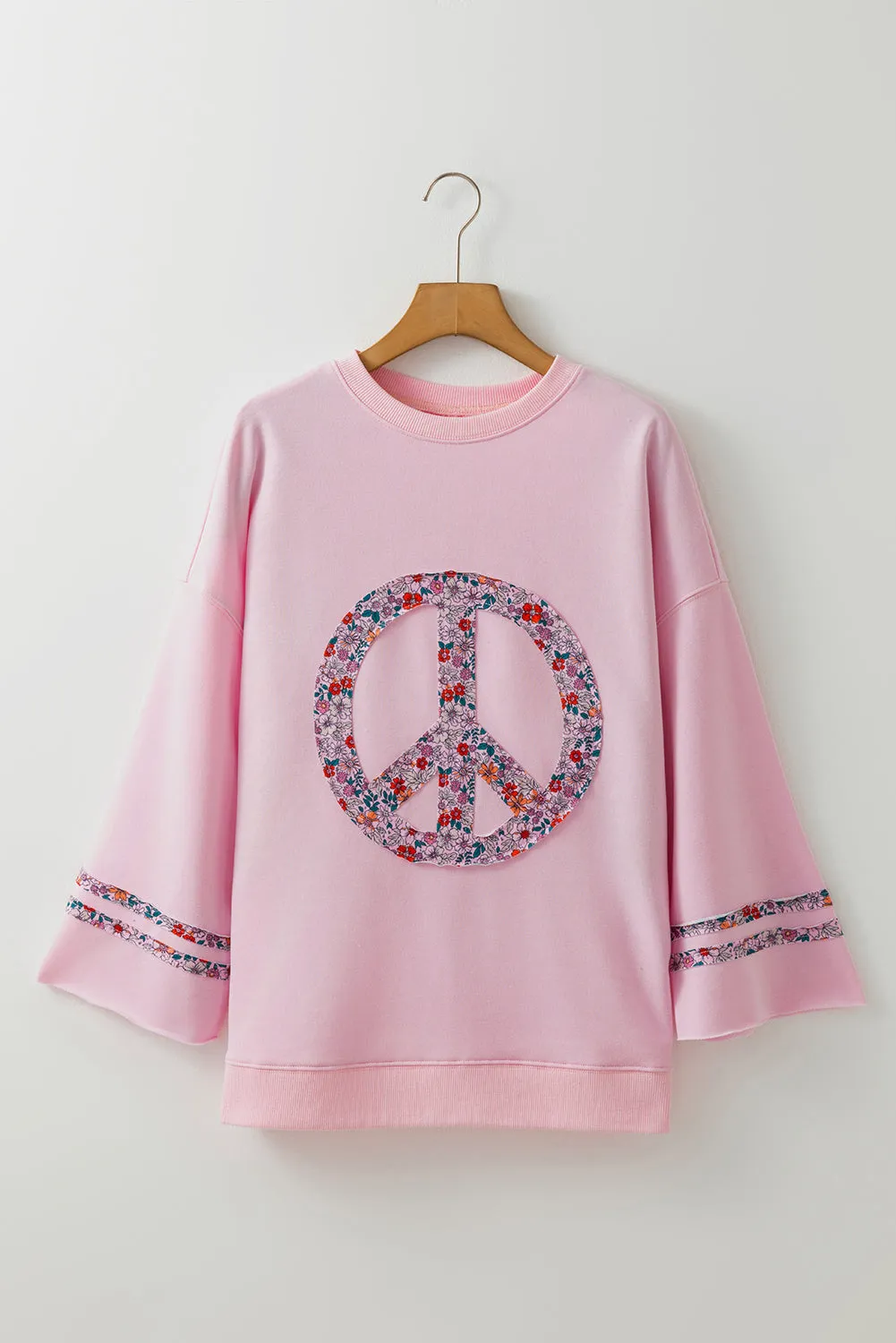 Floral Peace Sign Graphic Drop Shoulder Wide Sleeve Casual Top