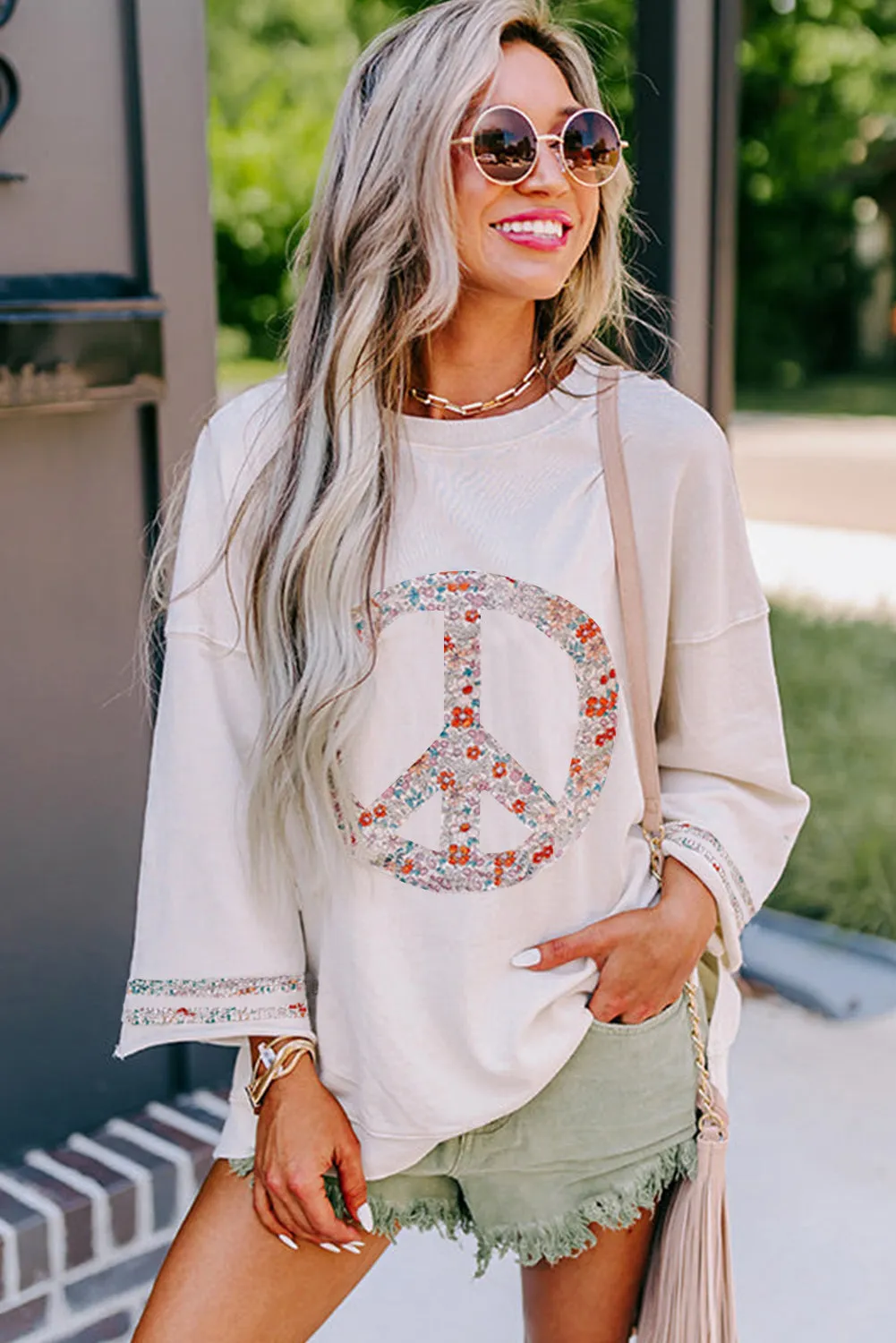 Floral Peace Sign Graphic Drop Shoulder Wide Sleeve Casual Top