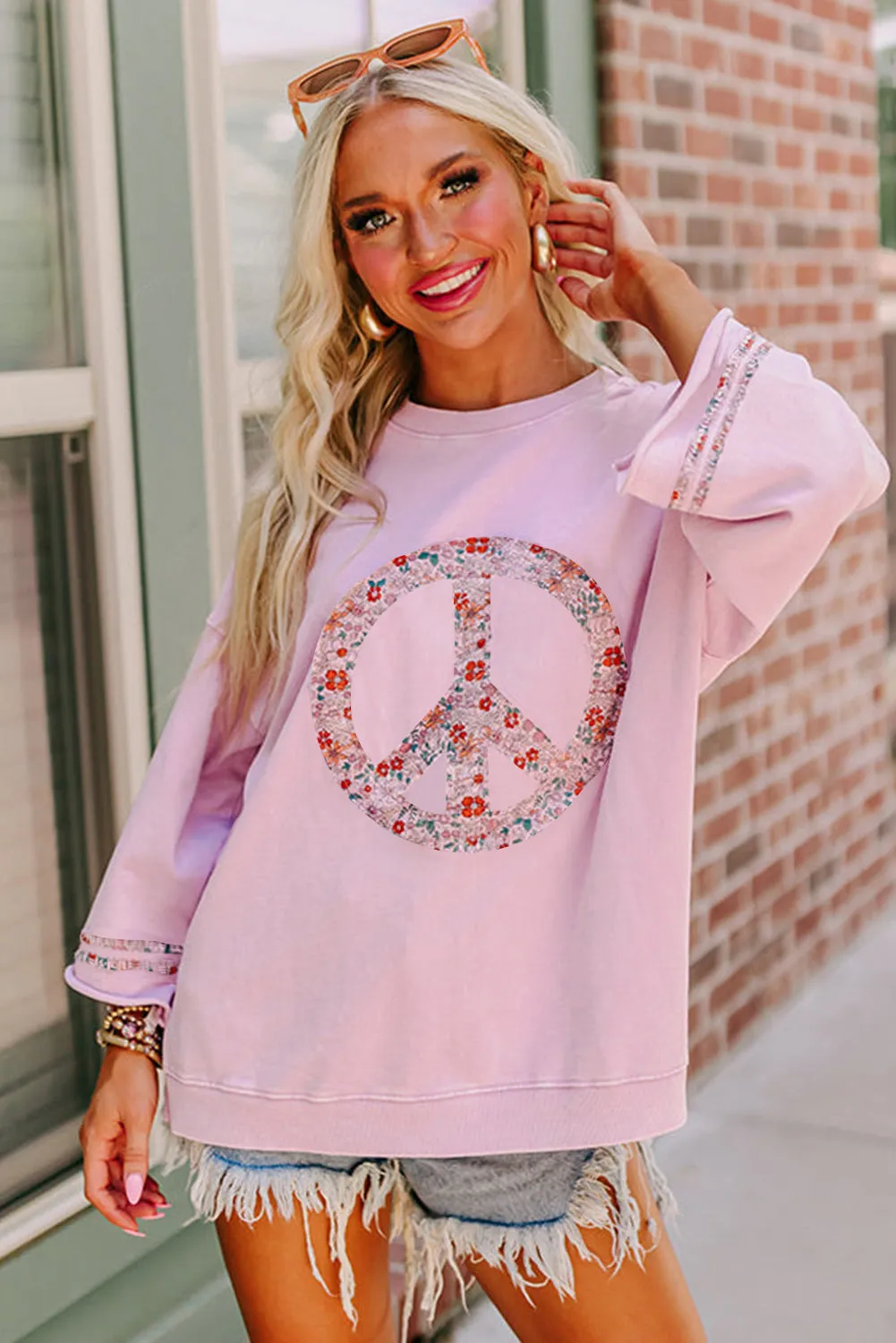 Floral Peace Sign Graphic Drop Shoulder Wide Sleeve Casual Top