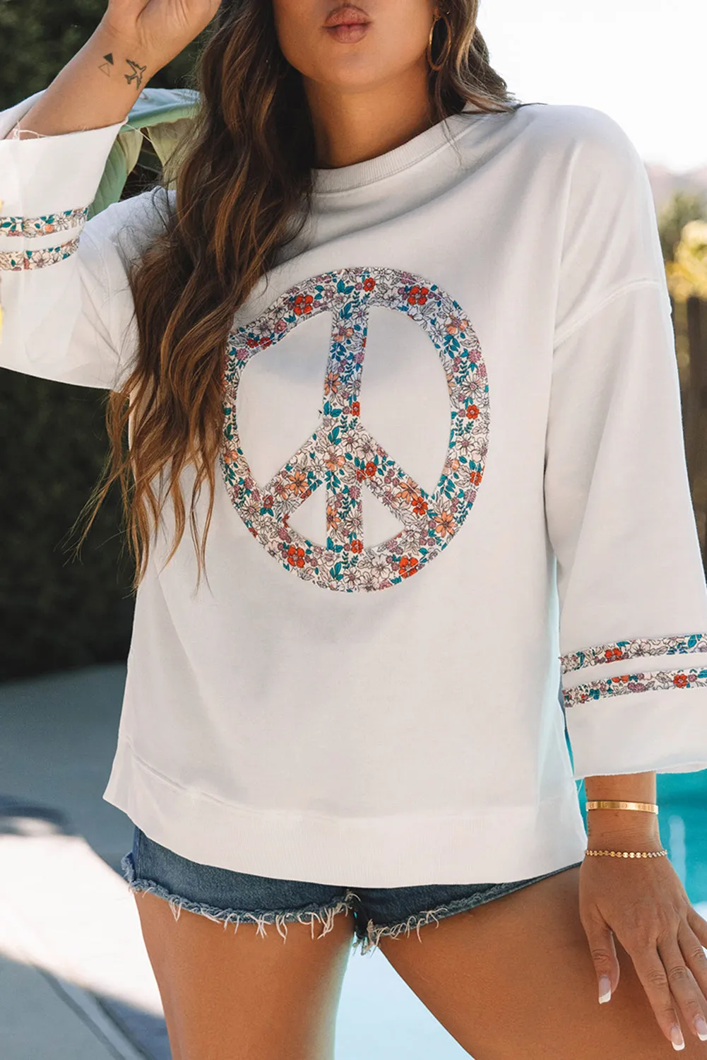 Floral Peace Sign Graphic Drop Shoulder Wide Sleeve Casual Top