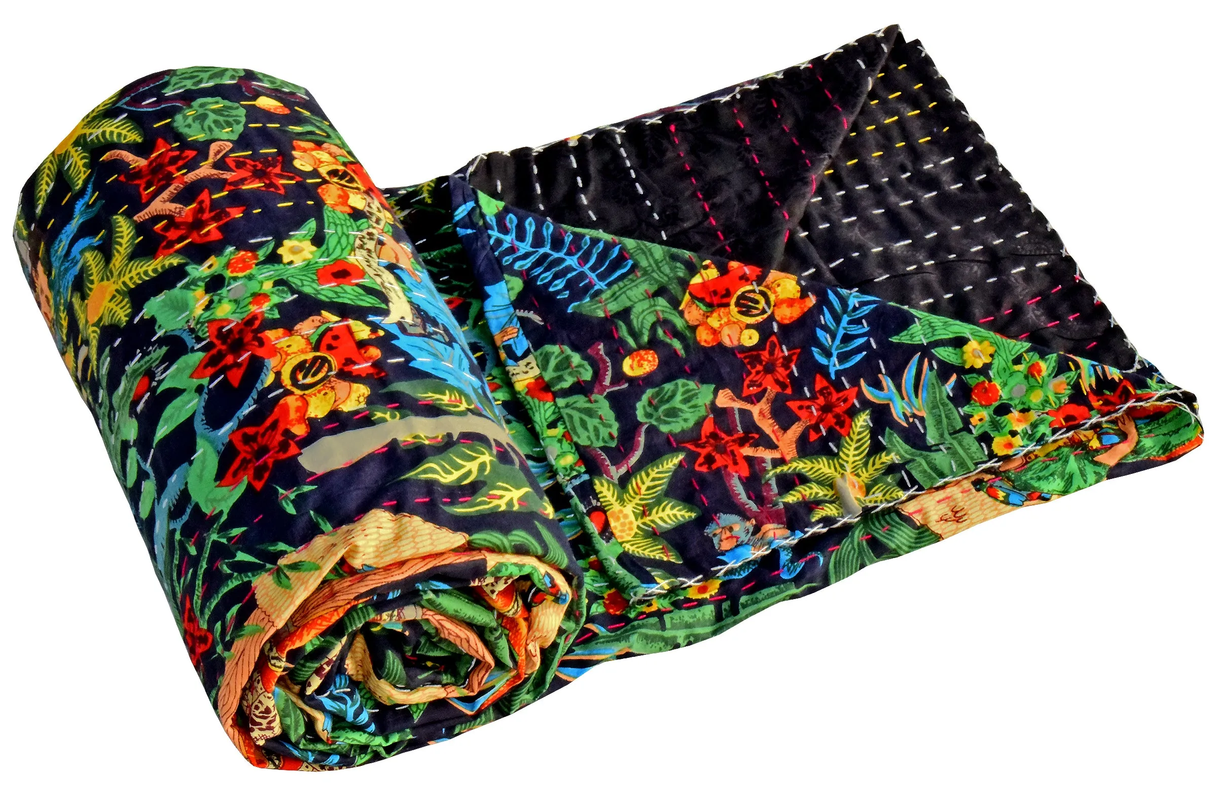 Frida Kahlo Kantha Bedcover Black