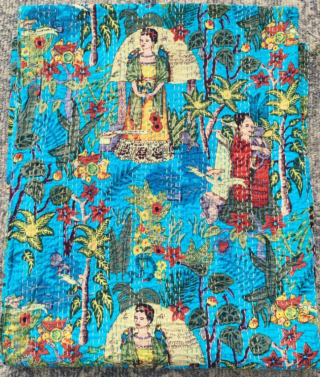 Frida Kahlo Kantha Bedcover Blue