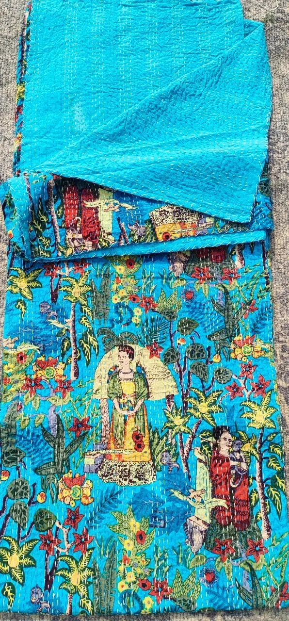 Frida Kahlo Kantha Bedcover Blue