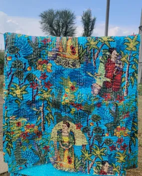 Frida Kahlo Kantha Bedcover Blue