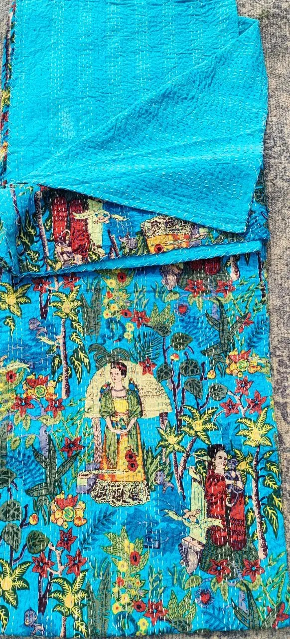 Frida Kahlo Kantha Bedcover Blue