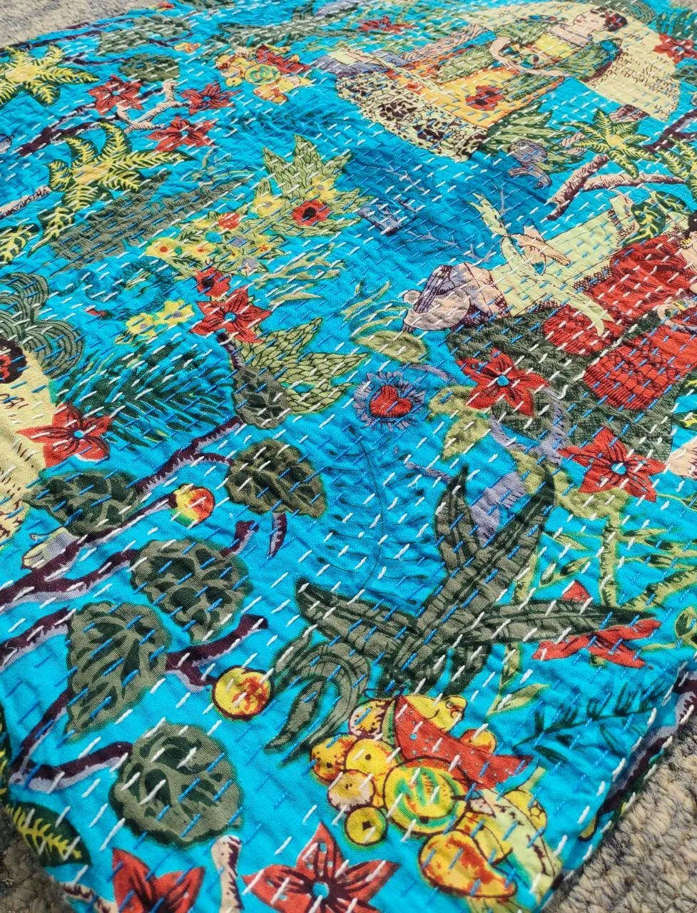 Frida Kahlo Kantha Bedcover Blue