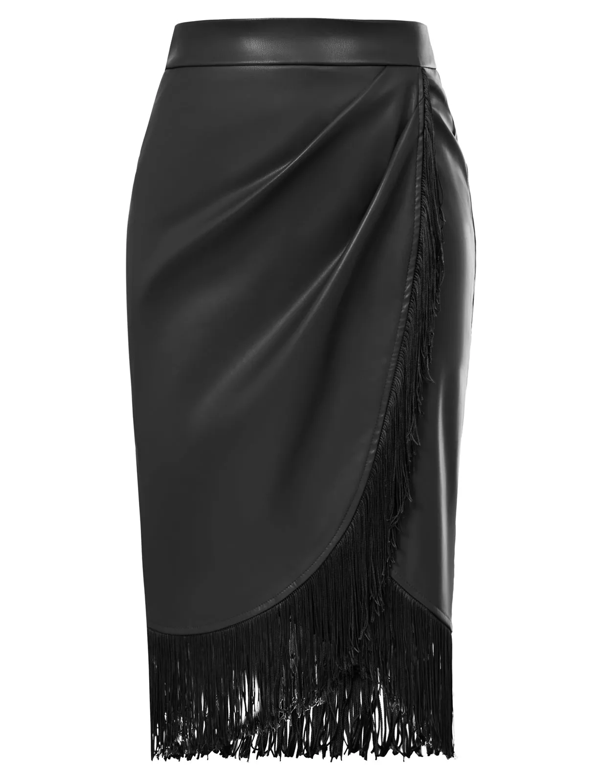 Fringe Bodycon Leather Skirt with Slit Knee Length Pencil Skirt