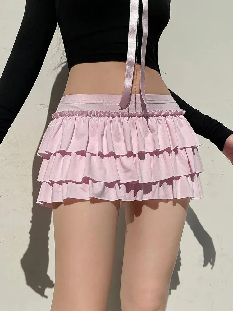 Girlary 2024 New Pink Casual Sweet Solid Bow A-Line Skirt with Skirt Slim Low-Waisted Mini Skirts Women Fashion Streetwear Ladies Chic