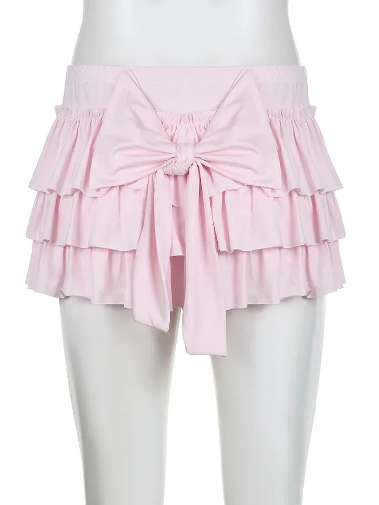 Girlary 2024 New Pink Casual Sweet Solid Bow A-Line Skirt with Skirt Slim Low-Waisted Mini Skirts Women Fashion Streetwear Ladies Chic