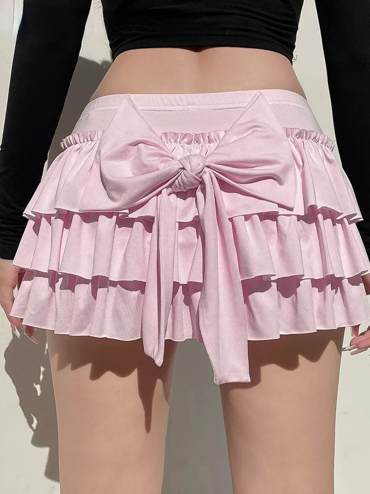 Girlary 2024 New Pink Casual Sweet Solid Bow A-Line Skirt with Skirt Slim Low-Waisted Mini Skirts Women Fashion Streetwear Ladies Chic