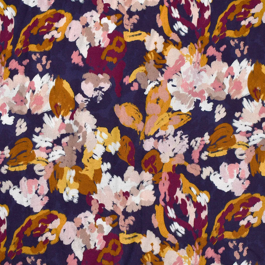 Églantine & Zoé Belle Artistic Floral Rayon Poplin Blue/Rust