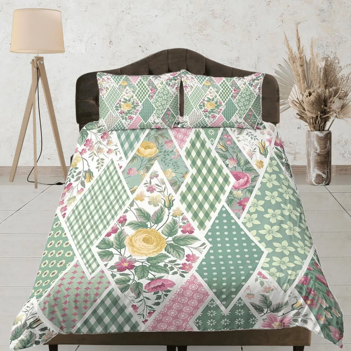 Green floral patchwork quilt printed duvet cover set, aesthetic room decor bedding set full, king, queen size, boho bedspread shabby chic