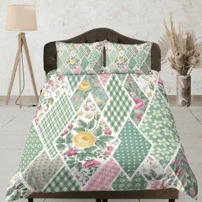 Green floral patchwork quilt printed duvet cover set, aesthetic room decor bedding set full, king, queen size, boho bedspread shabby chic