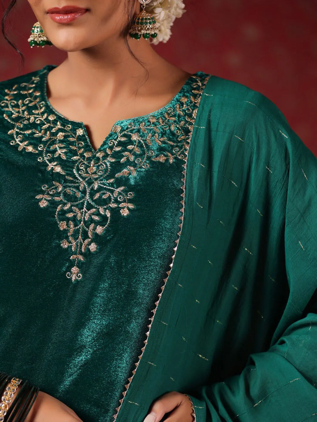 Green Velvet Zari Embroidered Kurta Set with Sheer Voile Butta Dupatta