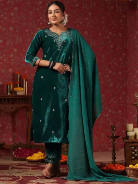 Green Velvet Zari Embroidered Kurta Set with Sheer Voile Butta Dupatta