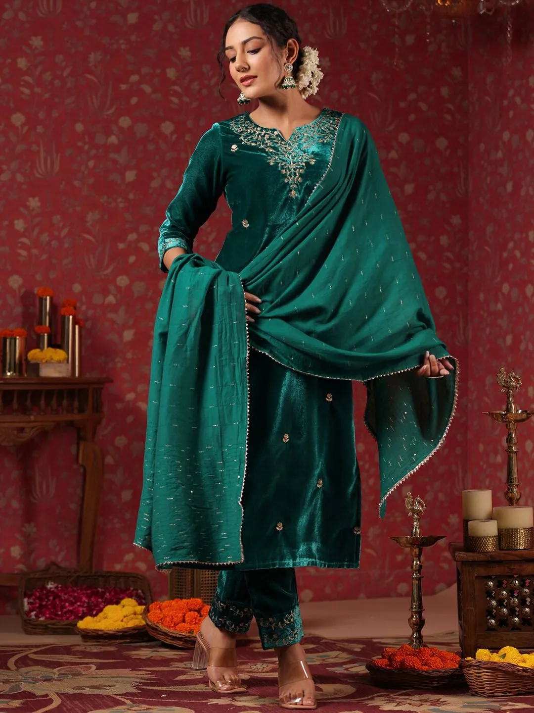 Green Velvet Zari Embroidered Kurta Set with Sheer Voile Butta Dupatta