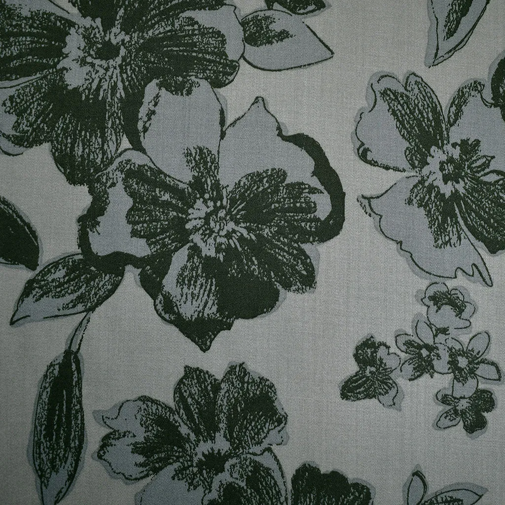 Japanese Artistic Sketch Floral Rayon Blend Sateen Slate Grey