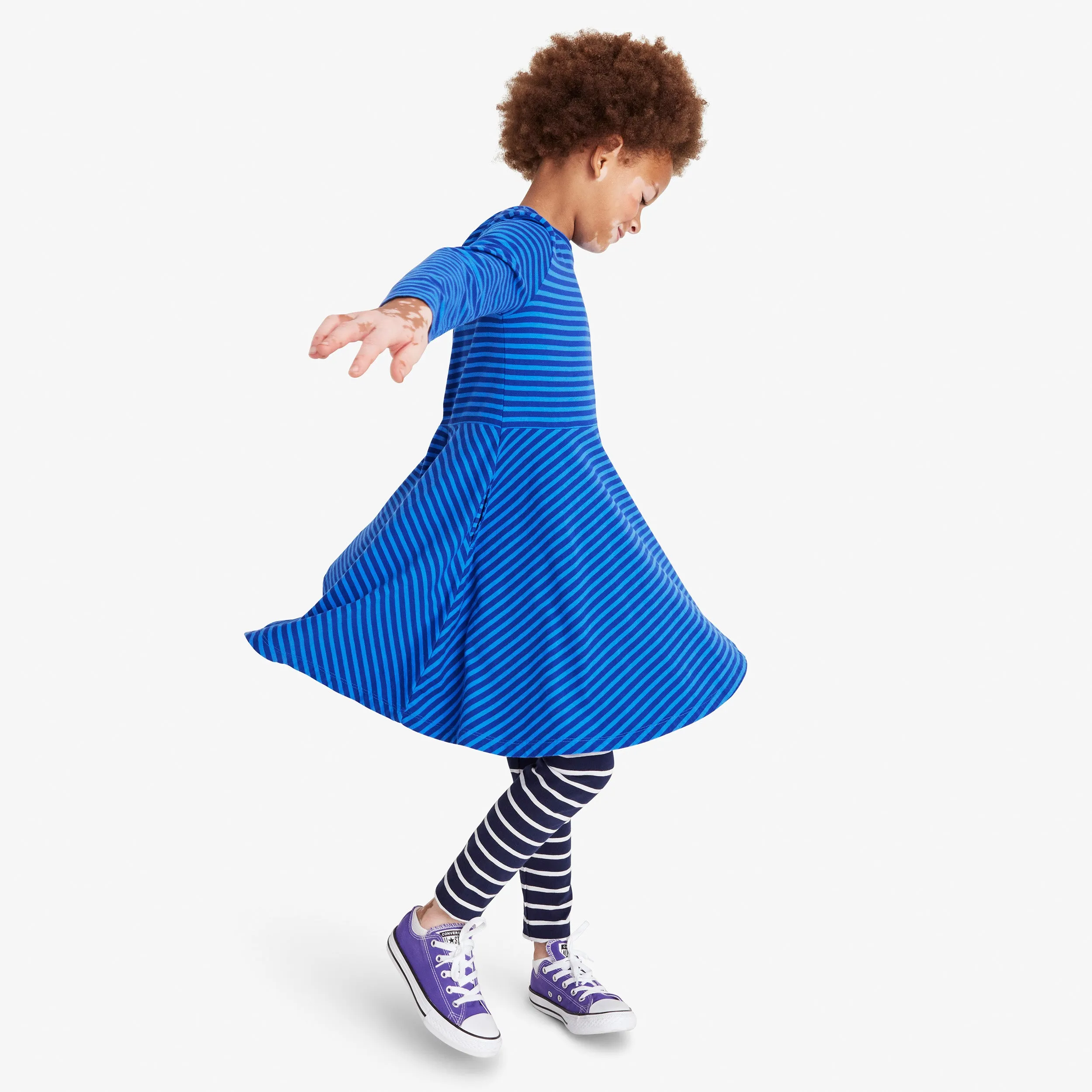 Kids long sleeve twirly dress in mini stripe