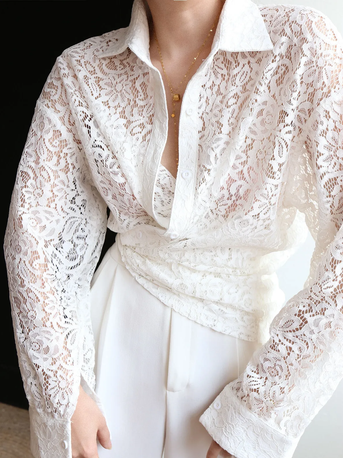 Lace Semi-sheer Graceful Collared Shirt