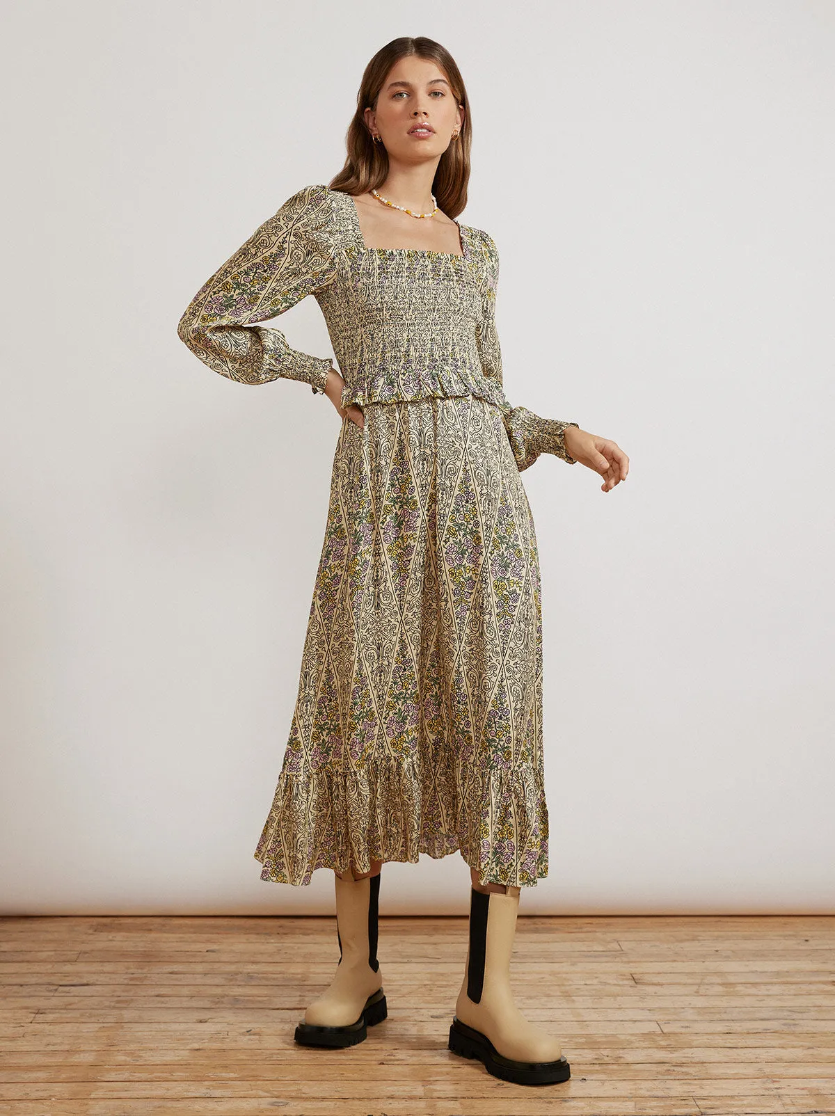 Lauren Vintage Tiled Floral Shirred Dress