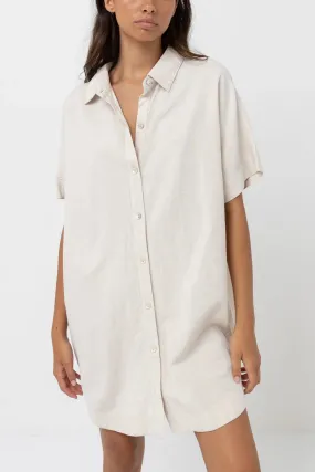 Linen Mini Button Up Shirt Dress Oat