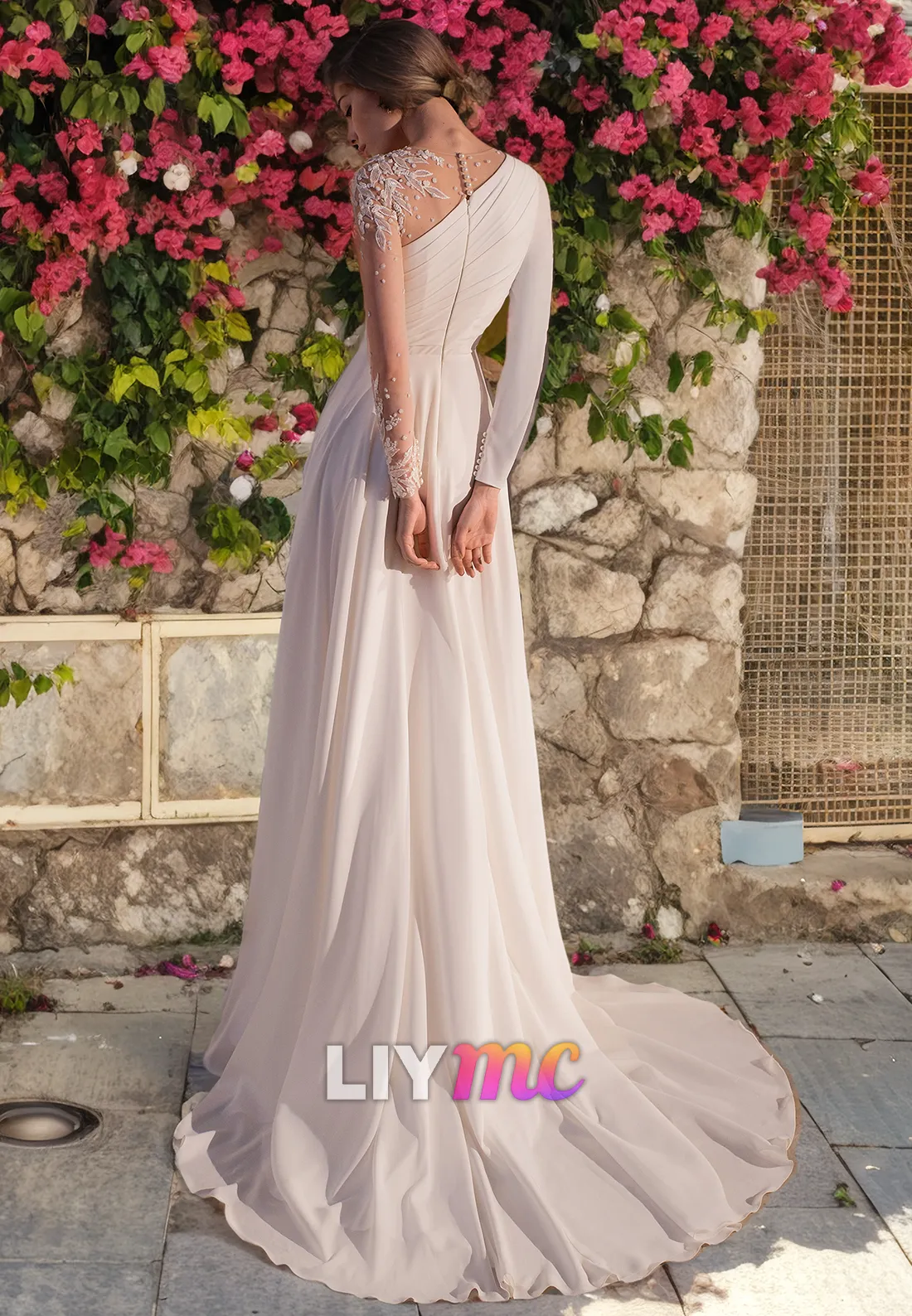 LW079 - A Line Scoop Long Sleeves Lace Ruched Chiffon Long Wedding Dress