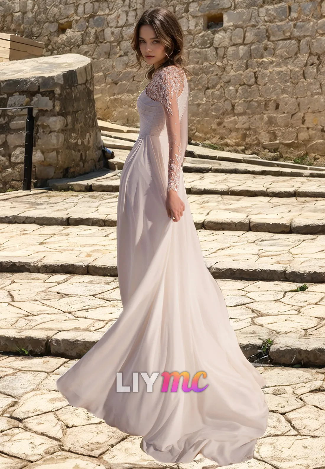 LW079 - A Line Scoop Long Sleeves Lace Ruched Chiffon Long Wedding Dress