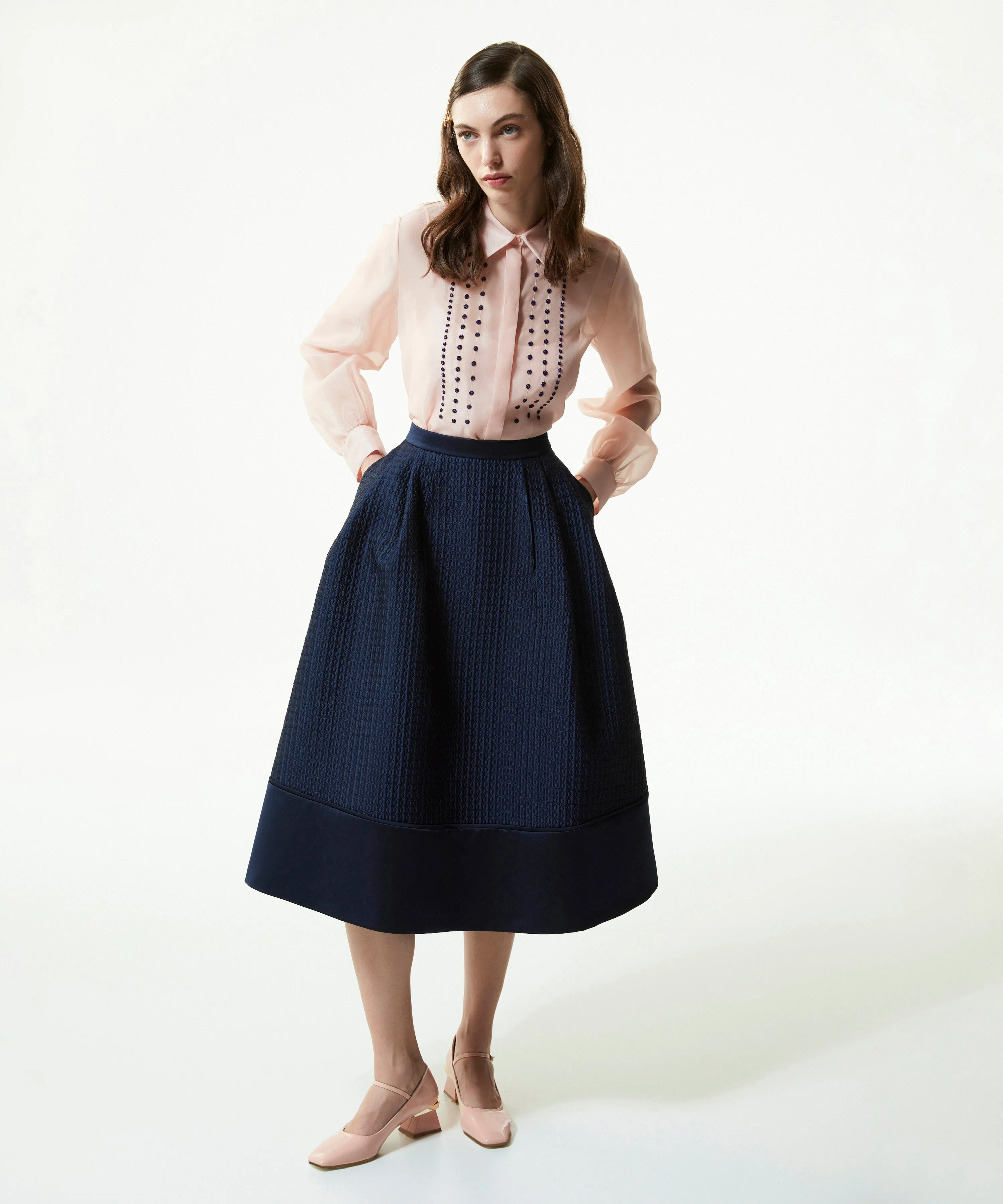 Machka Satin Duchess Jacquard Bell Skirt Navy Blue