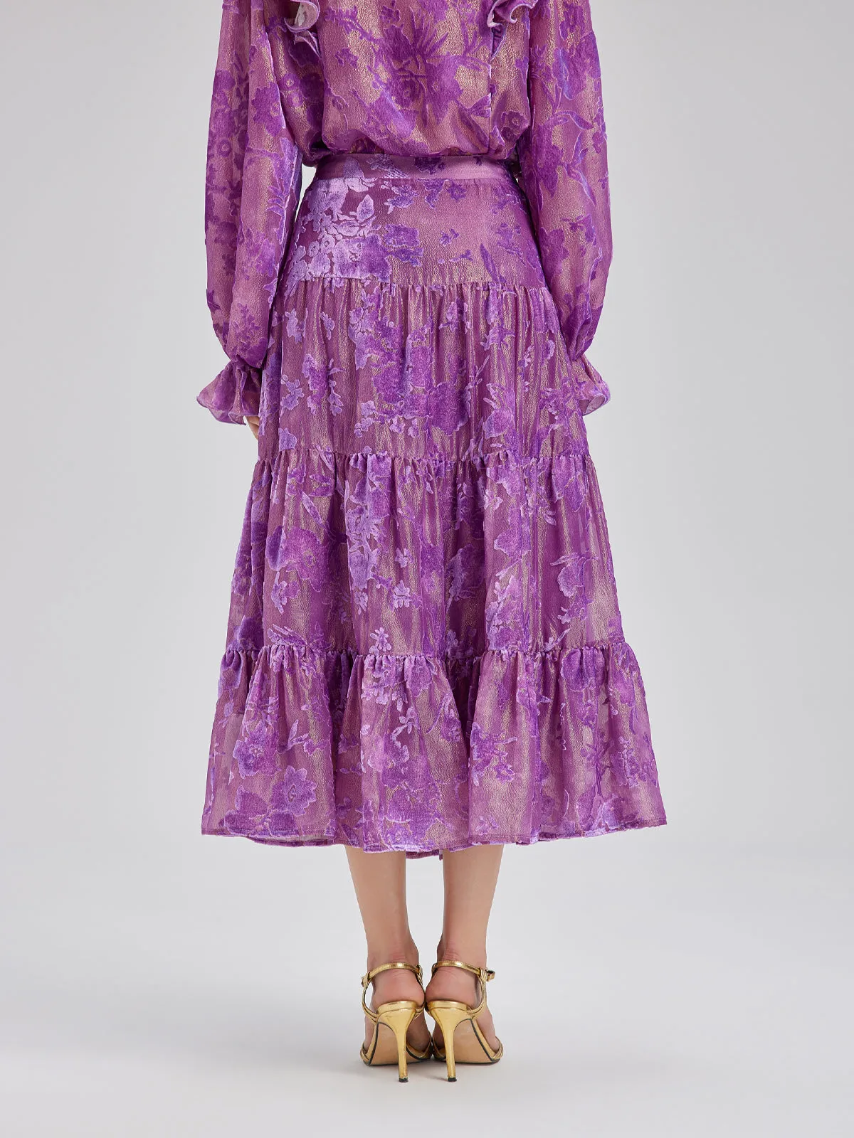 Mulberry Silk Burnout Velvet Layered Floral Skirt