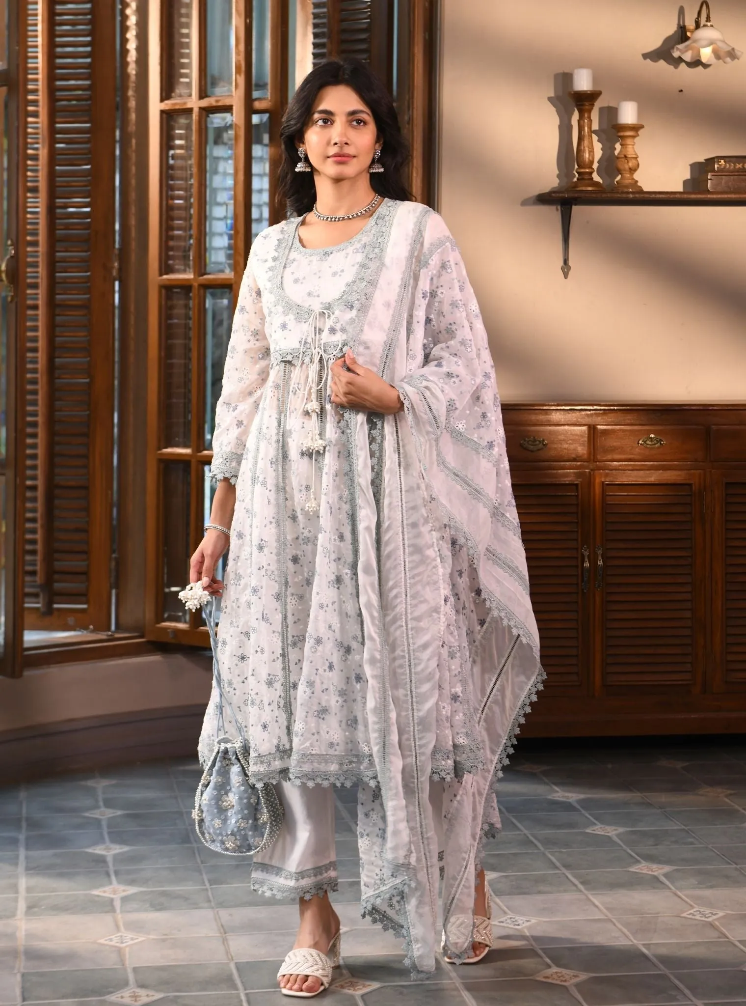 Mulmul Organza Elena White Kurta With Mulmul Cotton Elena White Pant