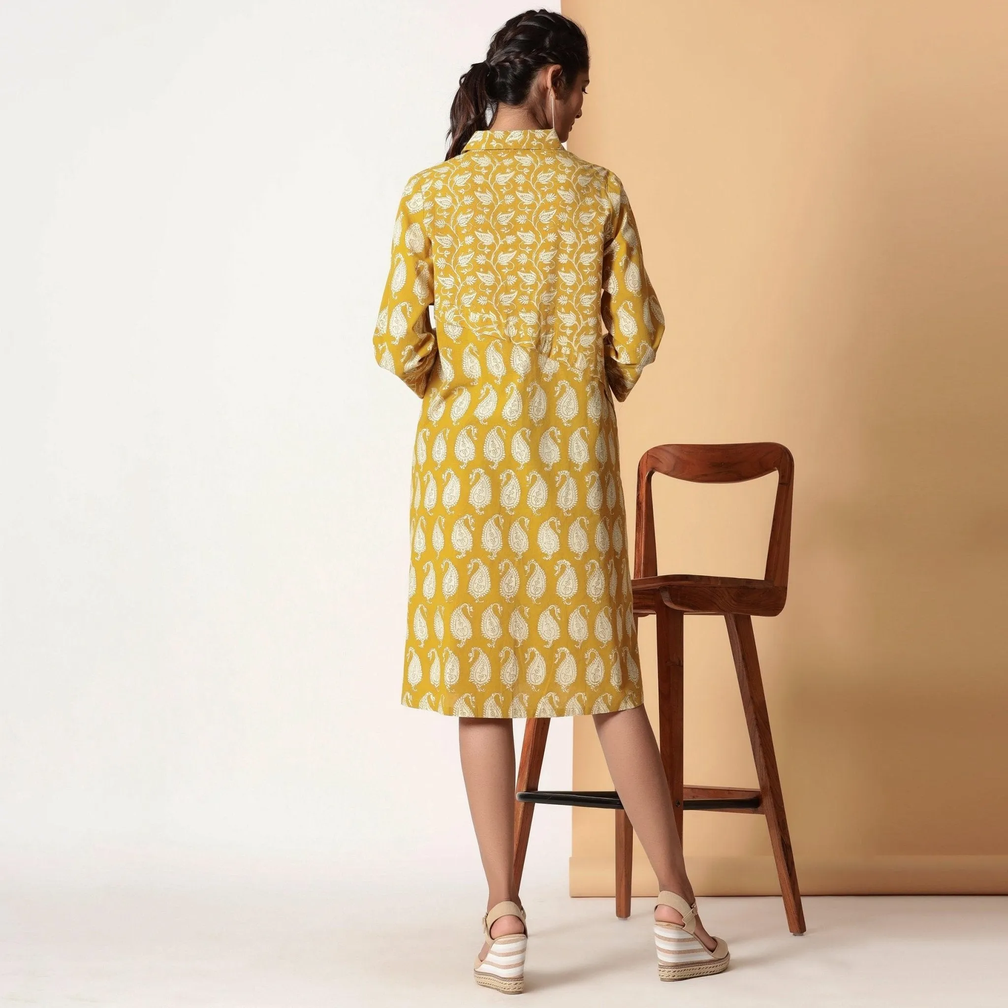 Mustard Bagru Block Print Cotton Knee Length Shirt Dress