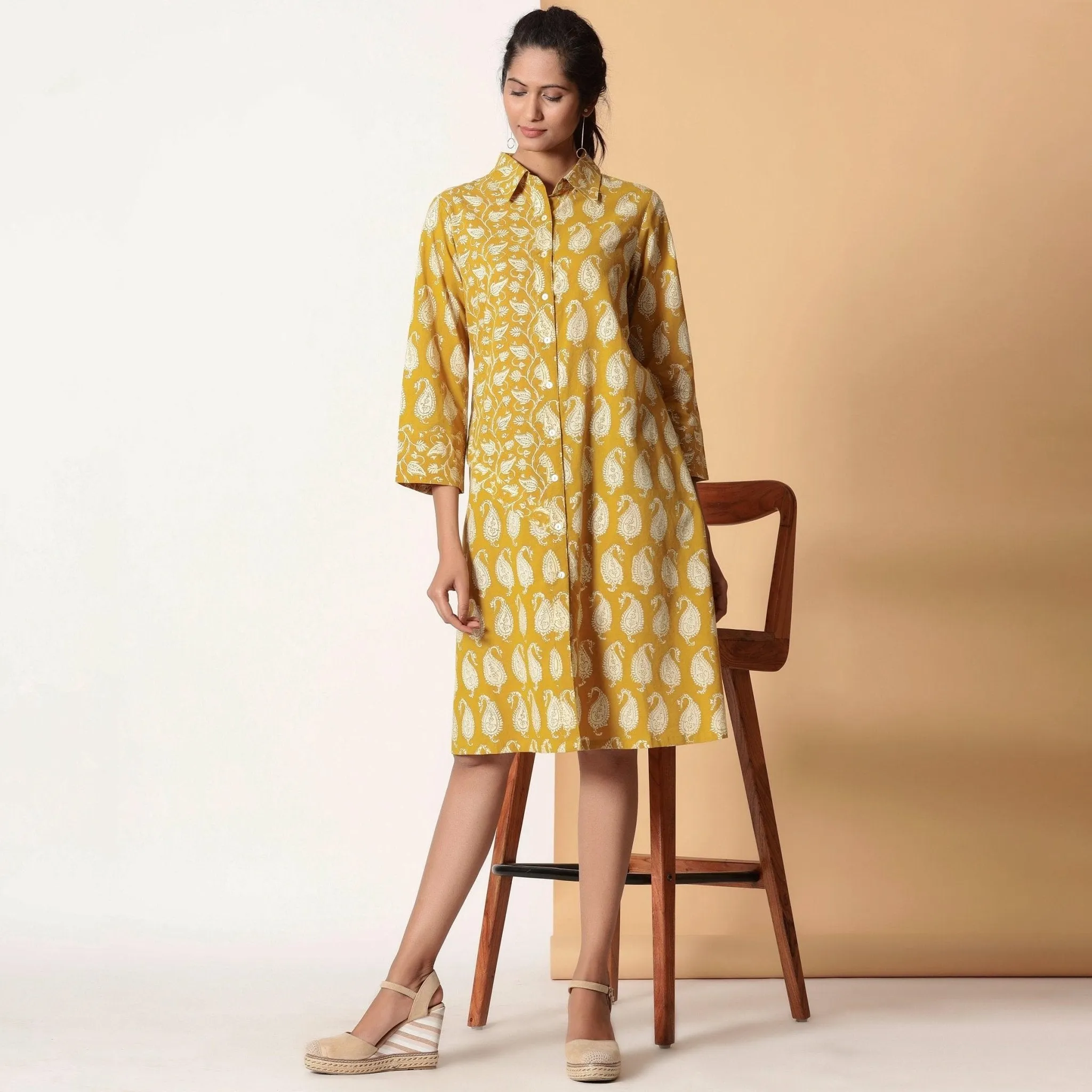 Mustard Bagru Block Print Cotton Knee Length Shirt Dress