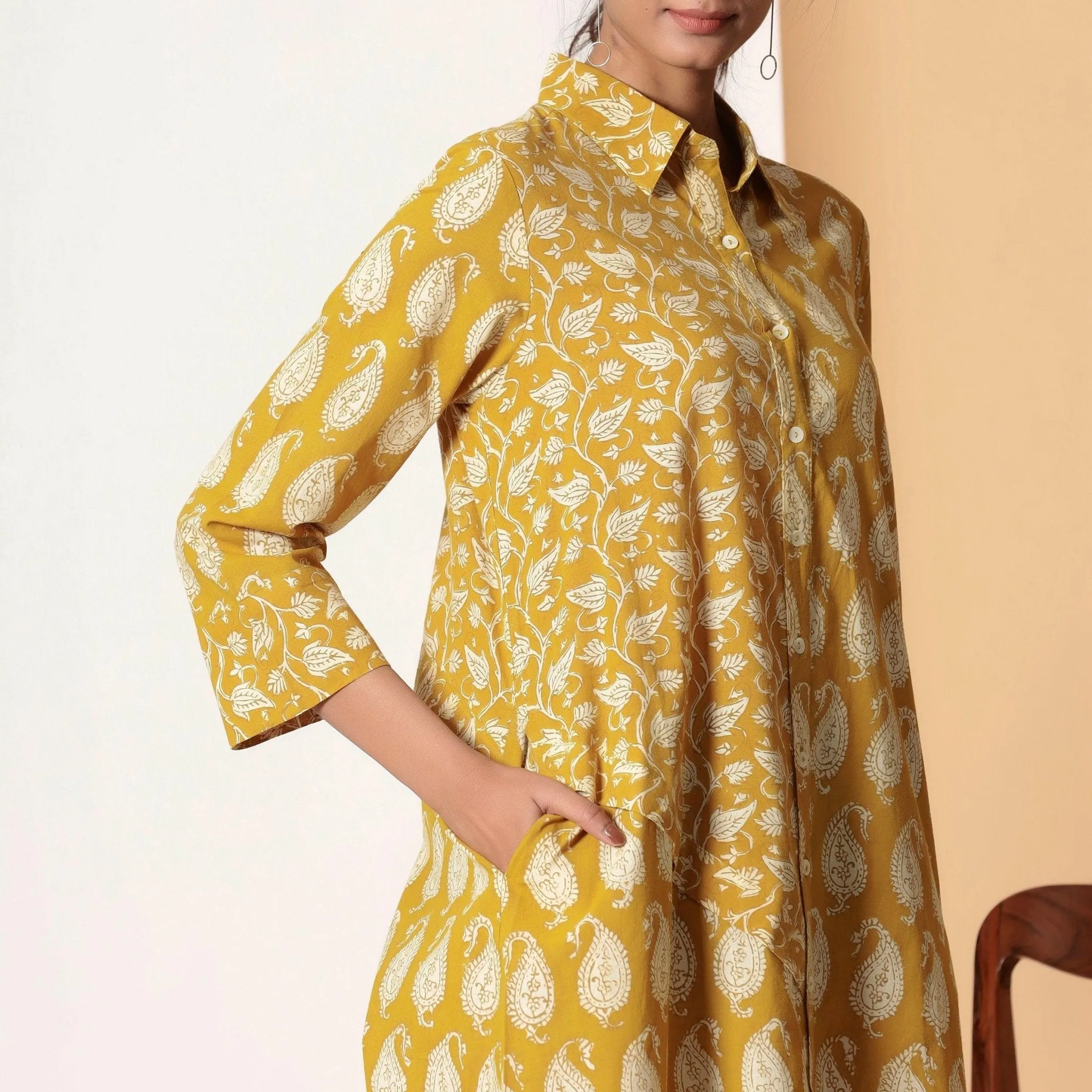 Mustard Bagru Block Print Cotton Knee Length Shirt Dress