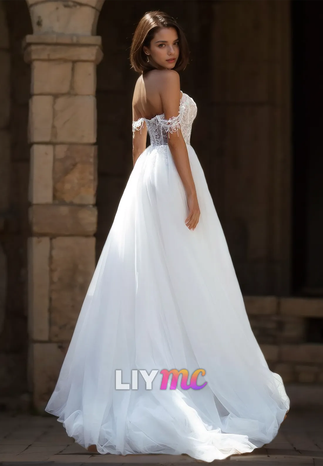 Off-Shoulder Sleeveless Appliques Tulle Ball Gown Wedding Dress