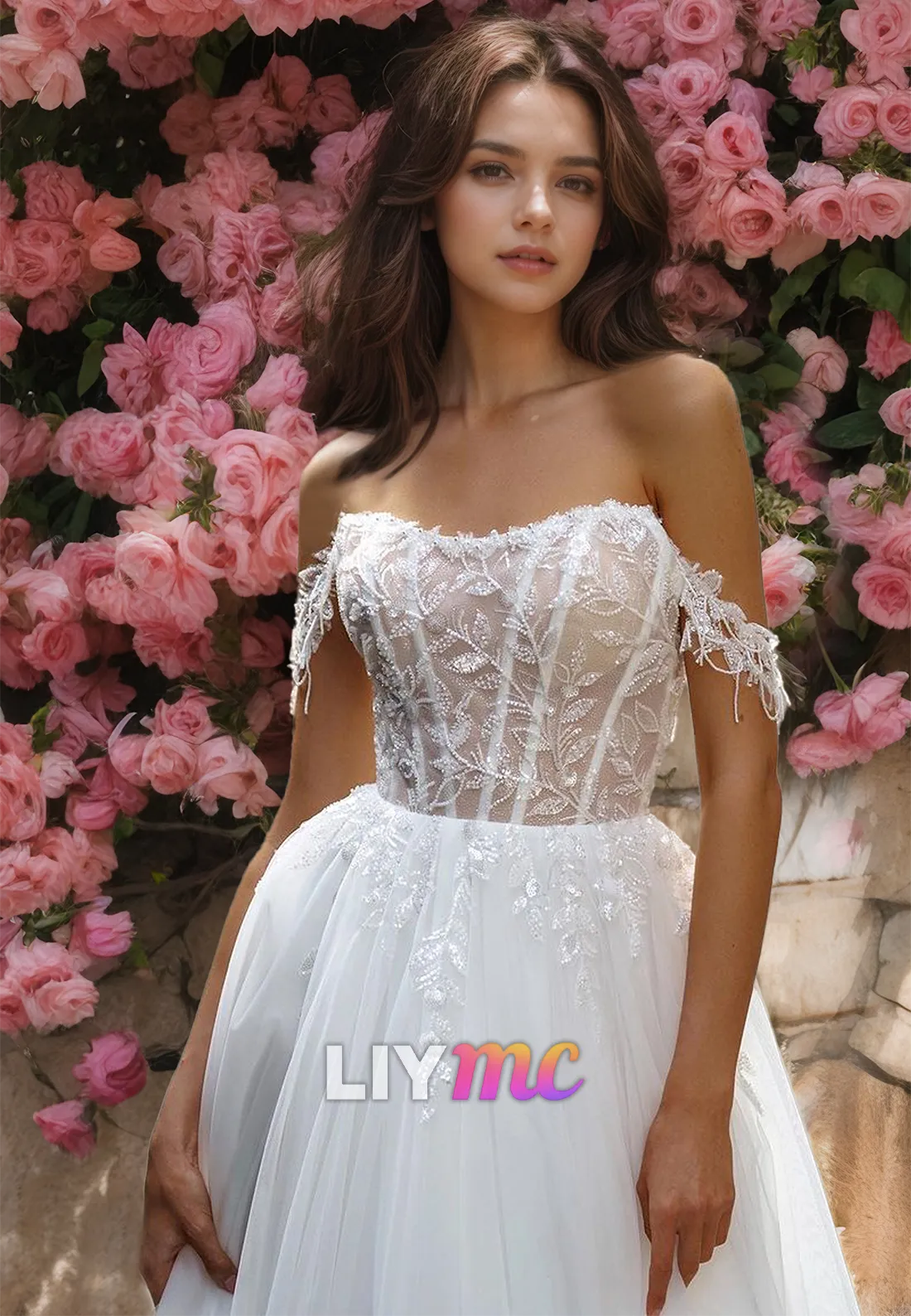 Off-Shoulder Sleeveless Appliques Tulle Ball Gown Wedding Dress