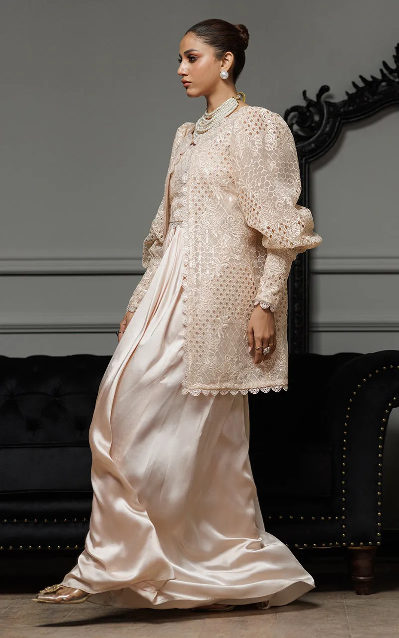 Organza Embroidered Jacket With Embroidered Blouse And Skirt