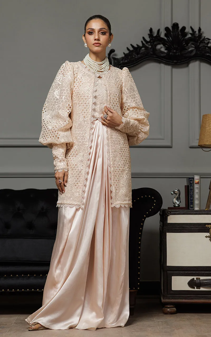 Organza Embroidered Jacket With Embroidered Blouse And Skirt