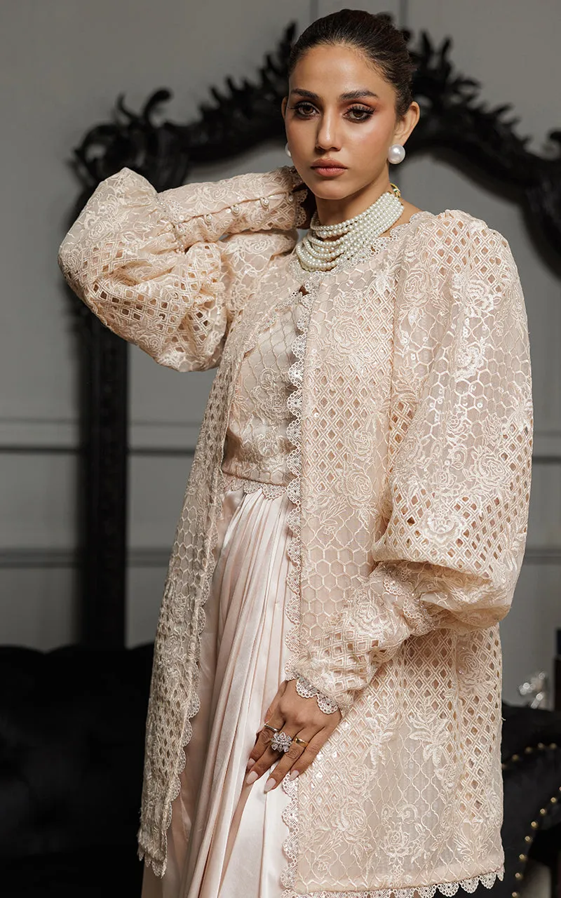 Organza Embroidered Jacket With Embroidered Blouse And Skirt