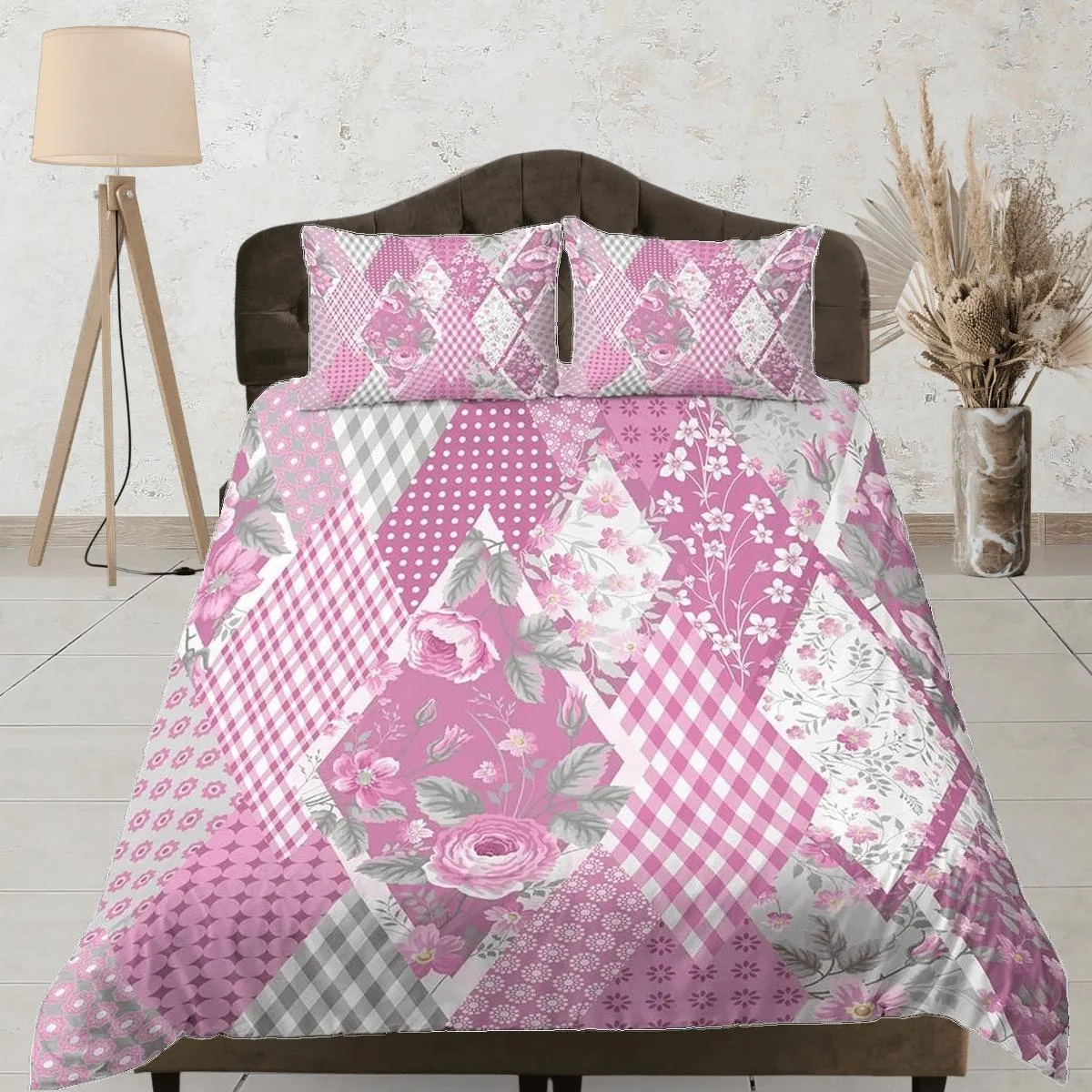 Pink floral shabby chic patchwork quilt printed duvet cover set, aesthetic room decor bedding set full, king, queen size, boho bedspread