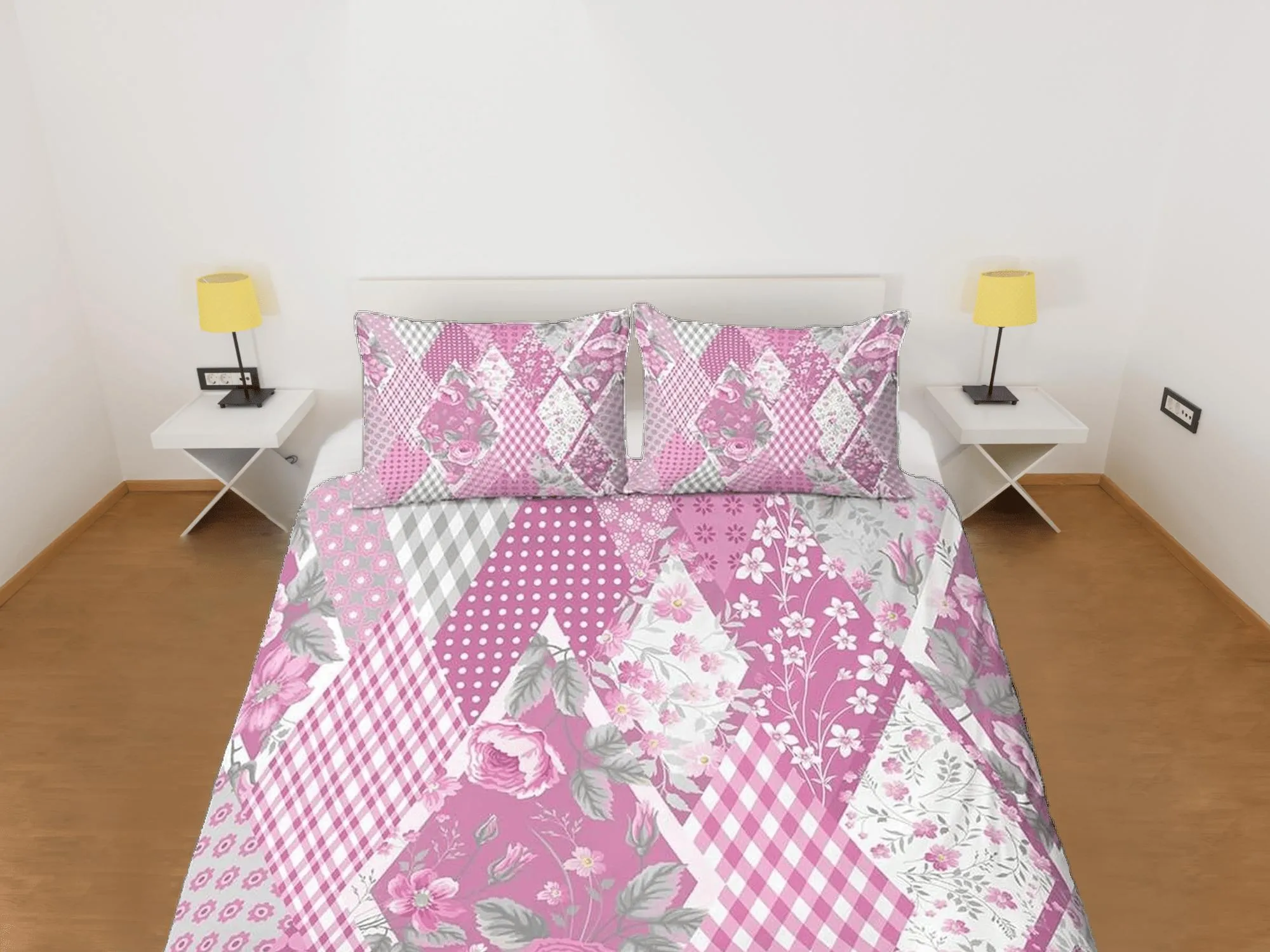 Pink floral shabby chic patchwork quilt printed duvet cover set, aesthetic room decor bedding set full, king, queen size, boho bedspread