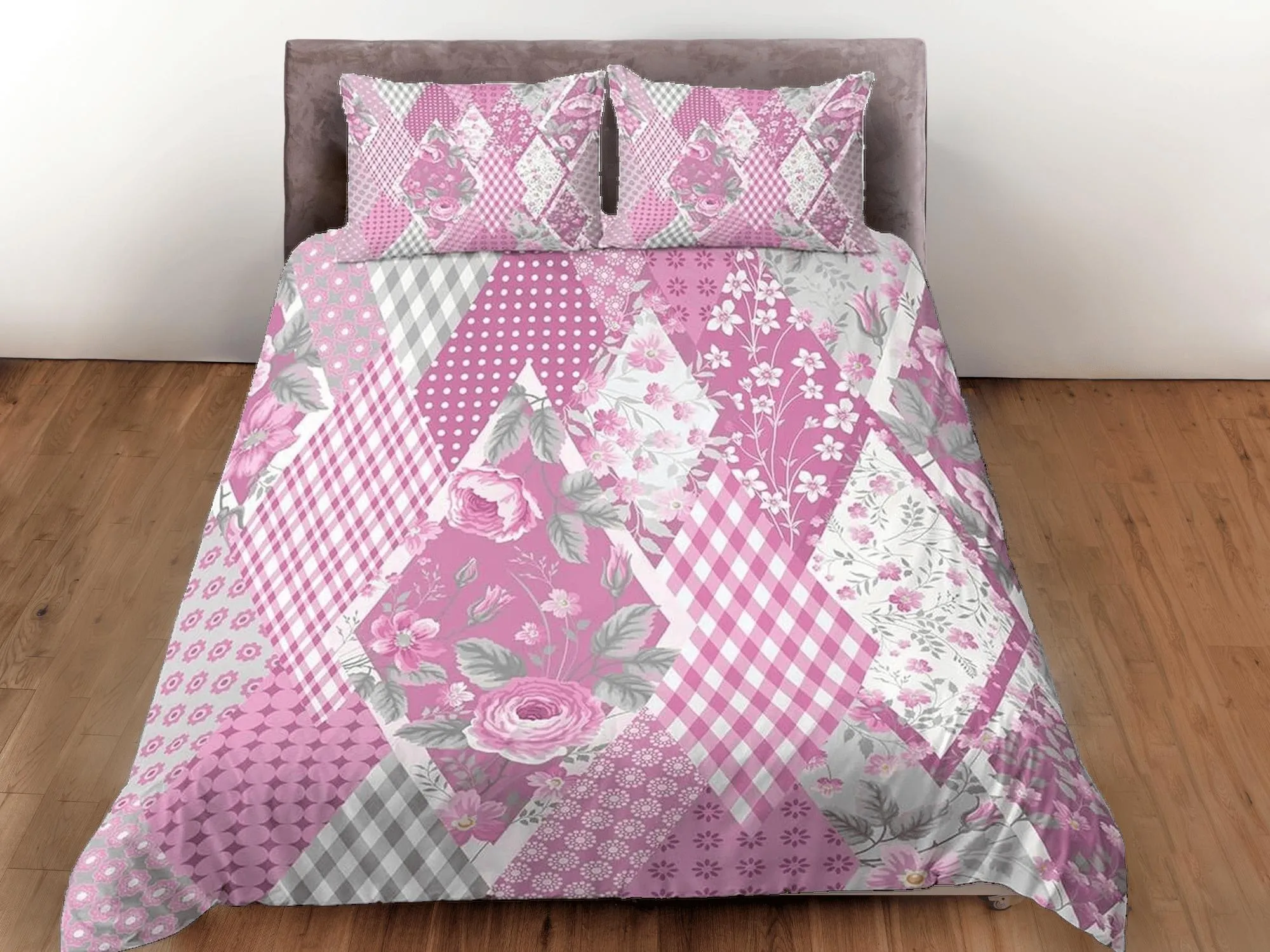 Pink floral shabby chic patchwork quilt printed duvet cover set, aesthetic room decor bedding set full, king, queen size, boho bedspread