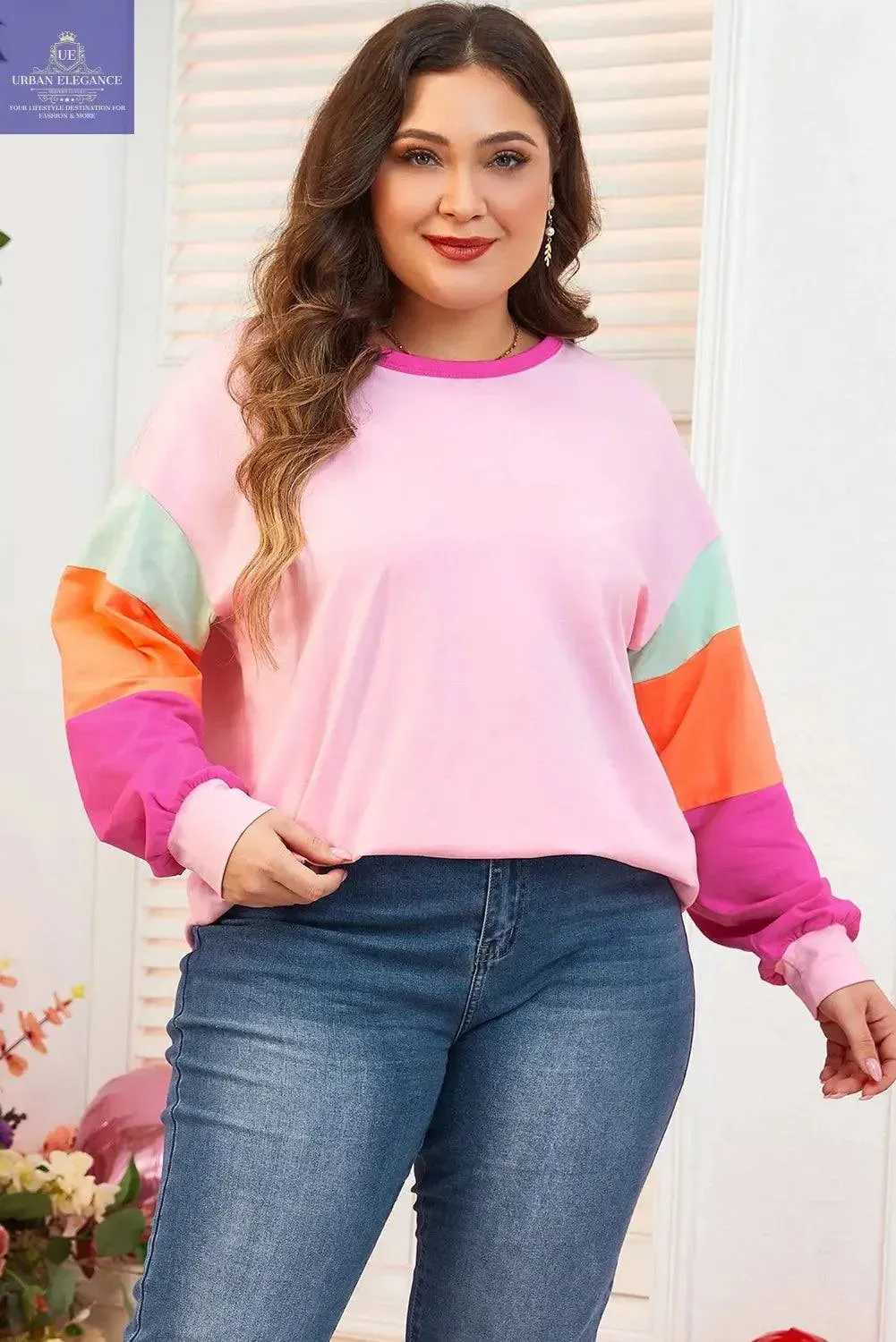 Pink Patchwork Plus Size Long Sleeve Top