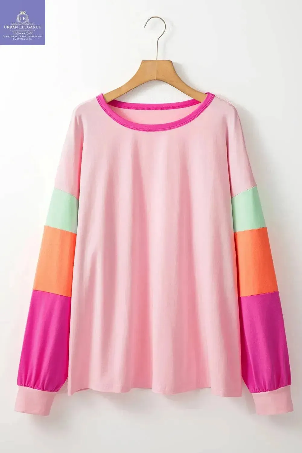 Pink Patchwork Plus Size Long Sleeve Top