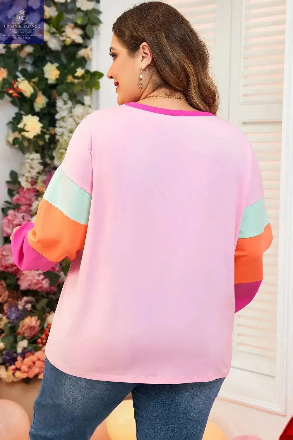 Pink Patchwork Plus Size Long Sleeve Top