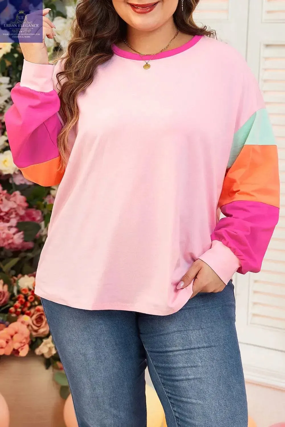 Pink Patchwork Plus Size Long Sleeve Top