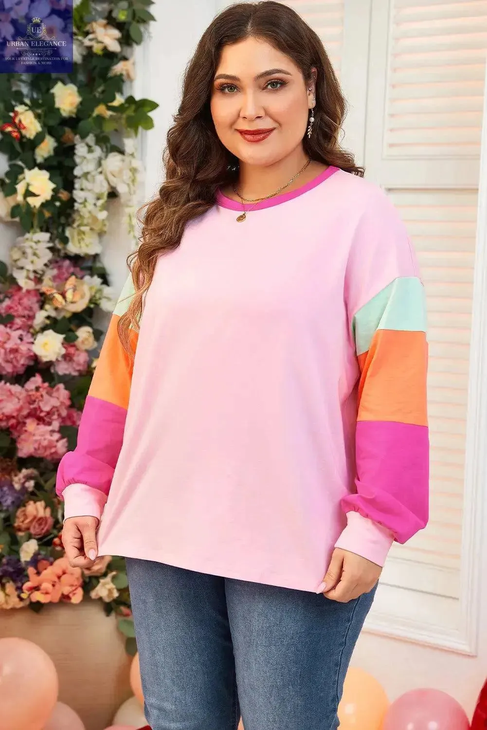 Pink Patchwork Plus Size Long Sleeve Top